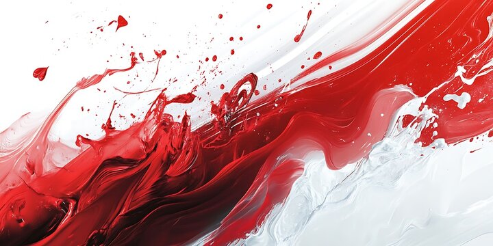 Dynamic red and white liquid paint splash creating an abstract flowing wave pattern on a clean bright white background surface