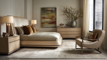 Fototapeta premium Modern bedroom interior with warm tones, elegant furniture, and stylish decor in serene atmosphere perfect for relaxation and restful sleep