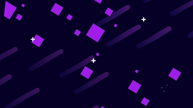 Abstract purple geometric shapes and lines moving on dark background, seamless motion animation.