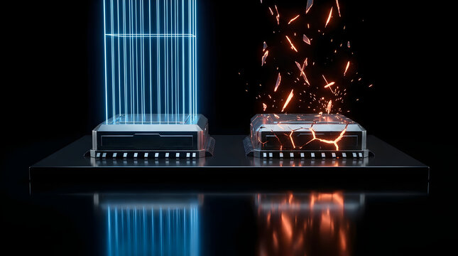 Futuristic microchip contrasting stability and destruction