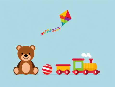 Colorful flat illustration of children's toys on soft blue background