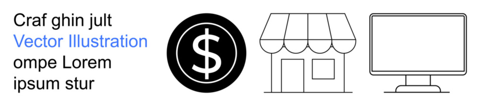 E-commerce, digital transactions, retail, online shopping, small business, financial concepts. A dollar sign, storefront and computer screen . E-commerce and digital transactions