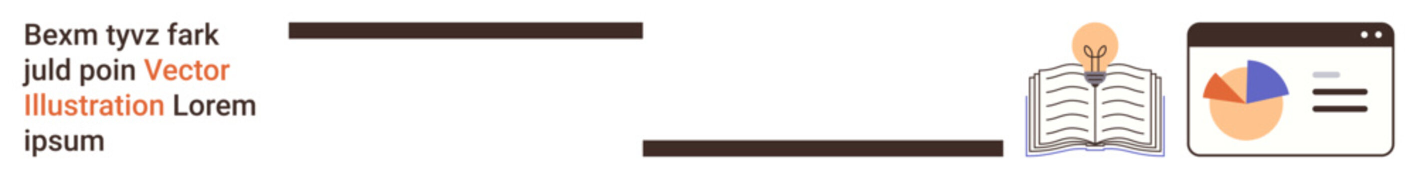 Online learning, data analytics, knowledge sharing, corporate training, digital education, information display. Open book with a light bulb icon and browser window with analytics. Online learning