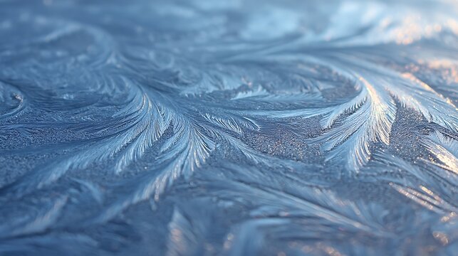 Beautiful frozen ice patterns on a glass window during winter.