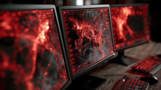 Multiple computer monitors displaying complex red and black digital network or cyber attack visuals in a dark, tech-focused environment.