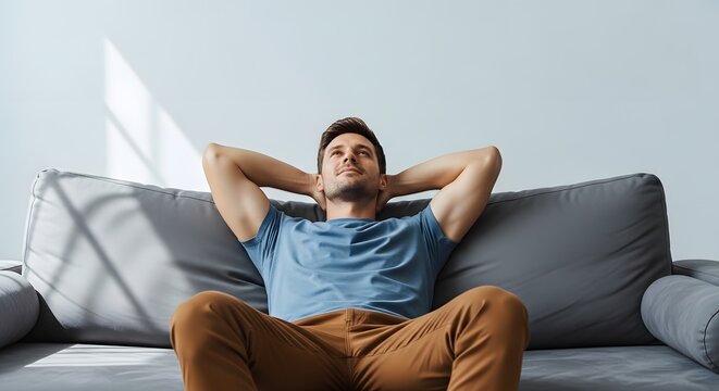 Relaxing man resting head on sofa looking upwards at sun
