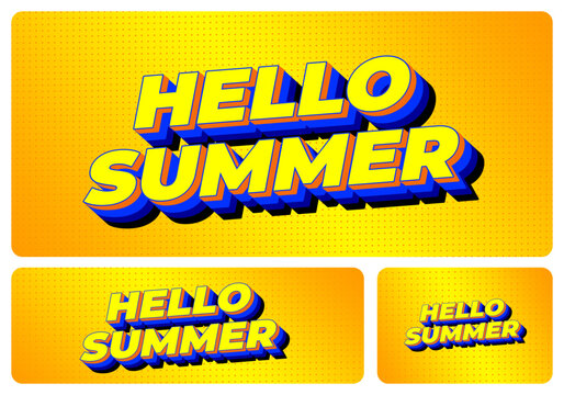 Yellow 3d text hello summer with blue shadow on dotted orange background, three banner variations