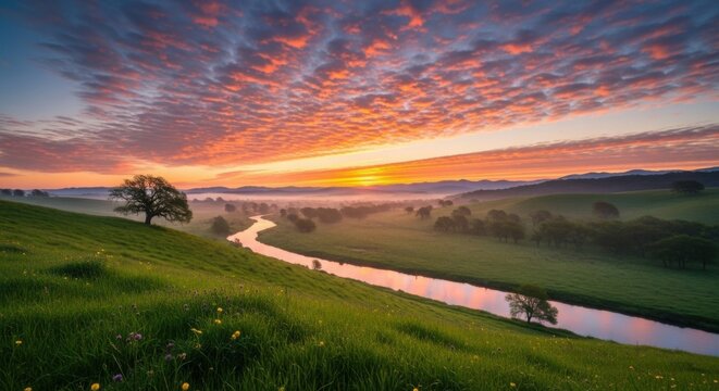 A beautiful summer sunset glows over the rural mountain horizon and green country fields where a road winds through the grass and trees under a blue sky with sunlight