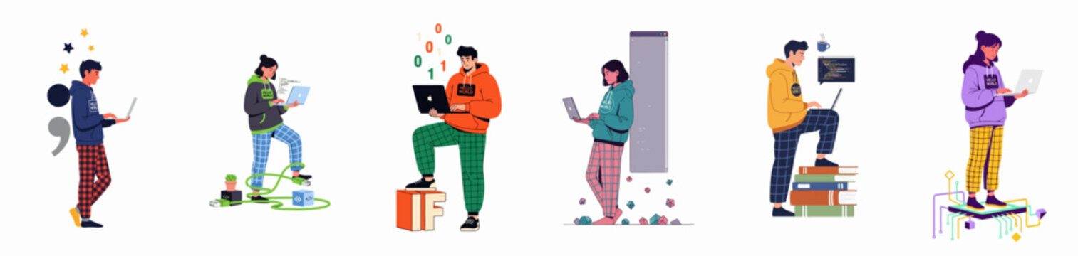 Diverse group of young software developers and programmers working on laptops with various coding symbols and technology concepts in flat vector illustration.