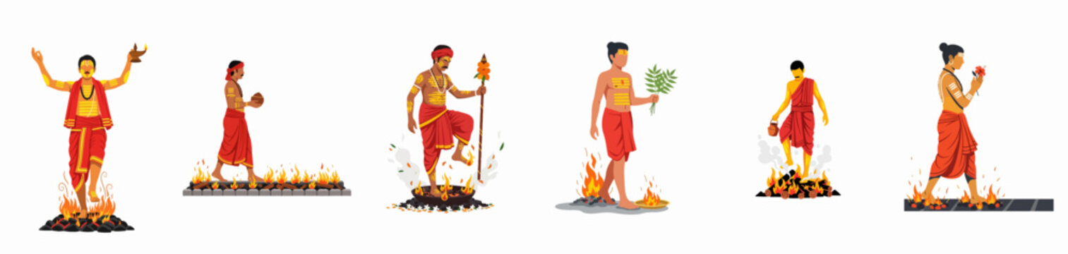 Vector illustration set of Indian men performing the traditional Thimithi fire-walking ritual as part of a religious Hindu festival celebration.