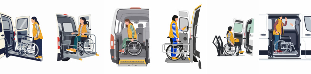 Illustrations showing a woman in a wheelchair using an accessible van with a hydraulic lift for transport and mobility. © Nurdayatt