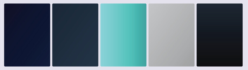 Fototapeta premium Set of five tech hacker gradient cards in dark navy steel blue neon cyan silver gray and charcoal digital tones