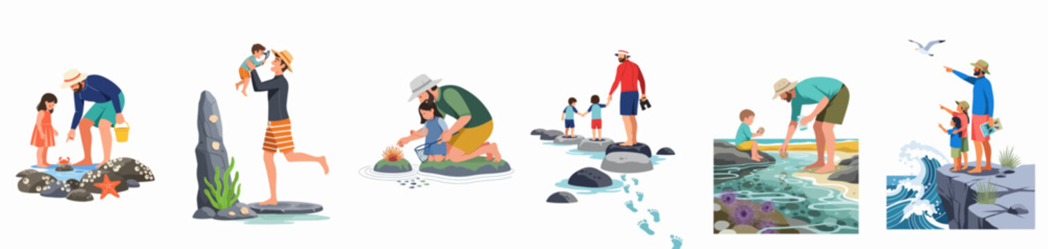 Illustration collection of families and children exploring tide pools, marine life, and coastal landscapes during a summer beach vacation for educational outdoor discovery.