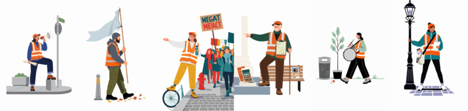 Diverse community activists and volunteers in high-visibility vests participating in various civic activities, protests, and neighborhood coordination.