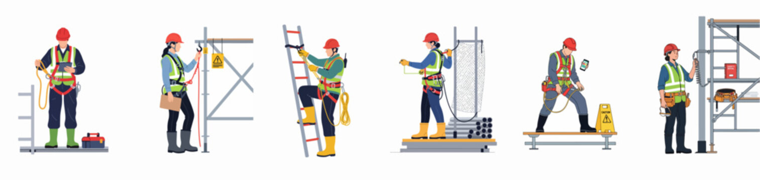 Flat vector illustration set of construction workers demonstrating fall protection safety procedures, wearing personal protective equipment, harnesses, helmets, and vests on site.