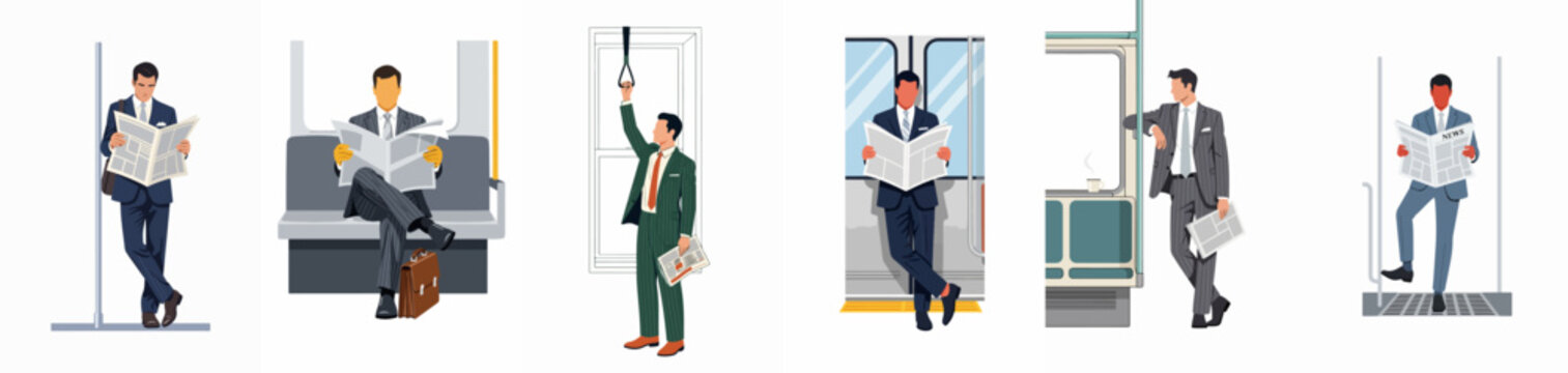 Set of illustrations depicting professional businessmen commuting on public transport, reading newspapers, standing and sitting in formal suits.
