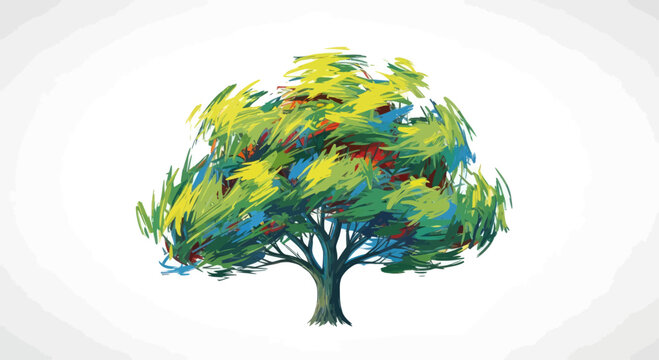 Abstract tree with vibrant, brushstroke foliage in green, yellow, blue, and red