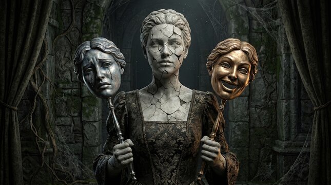 The Facade of Emotion: A crumbling stone statue of a woman stands in a dilapidated chamber, holding two contrasting masks&mdash;one of sorrow and one of joy.