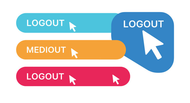 Set of logout buttons in blue, orange, and red with mouse cursors illustrates various user interface designs for website exit.