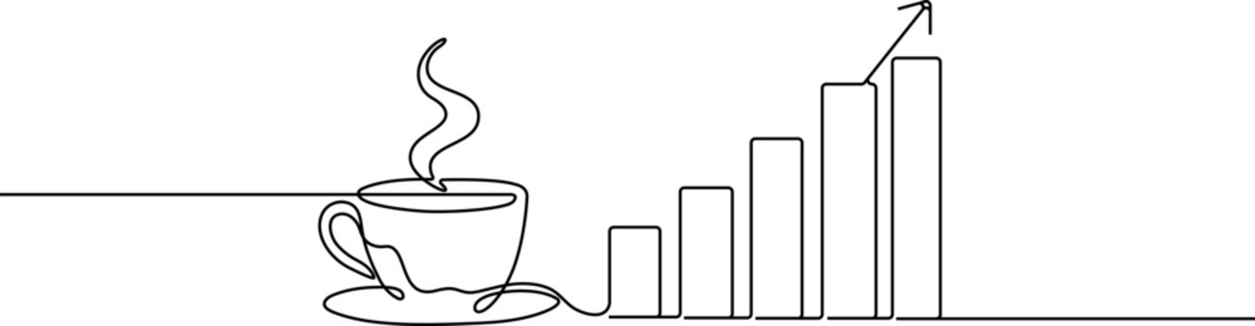 Continuous one line drawing of Business growth, coffee break, line graph, increasing sales, finance vector