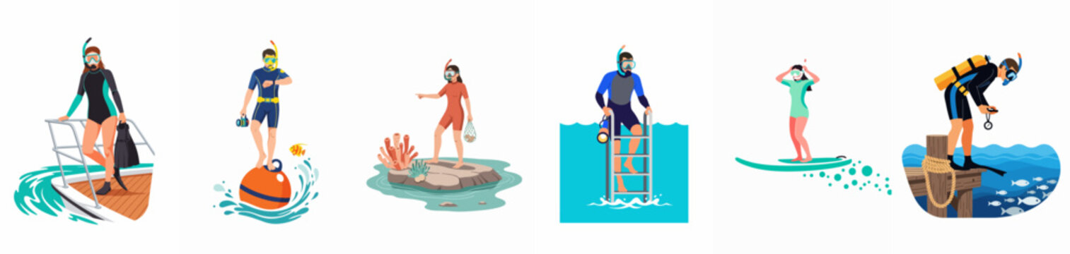 Collection of divers and snorkelers in various aquatic settings, including a boat, buoy, coral reef, ladder, surfboard, and wooden pier.