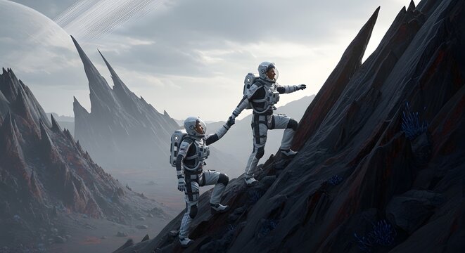 Sci-fi astronauts exploring alien planetary surface landscape