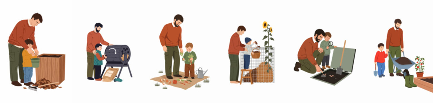 Father and son practicing sustainable gardening and composting activities, including organic waste recycling, vermicomposting, and preparing soil for a home garden.
