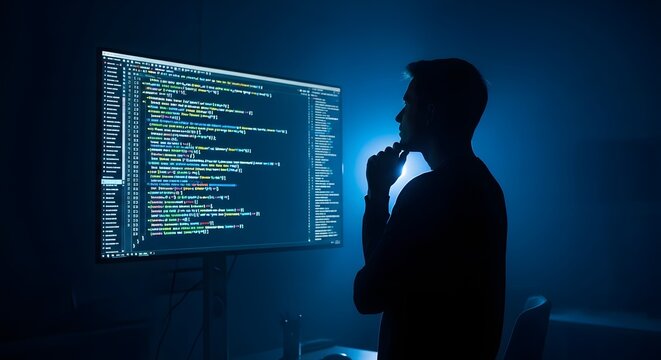 Silhouette of Person Coding in Dark Office Setting