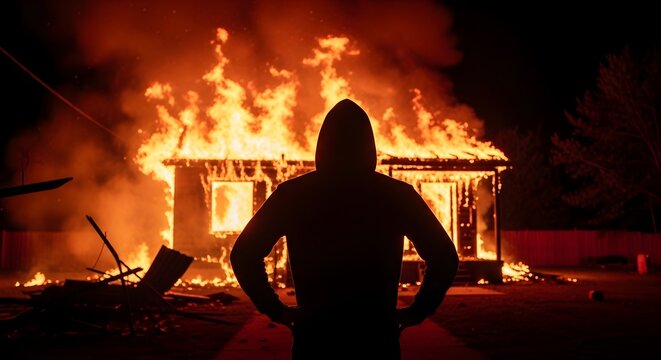 Silhouette against burning building dramatic disaster scene