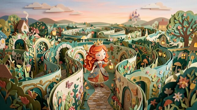 a princess navigates a vast paper-cut labyrinth under a twilight sky. The golden lantern light feels safe amidst a grand, sprawling mystery.