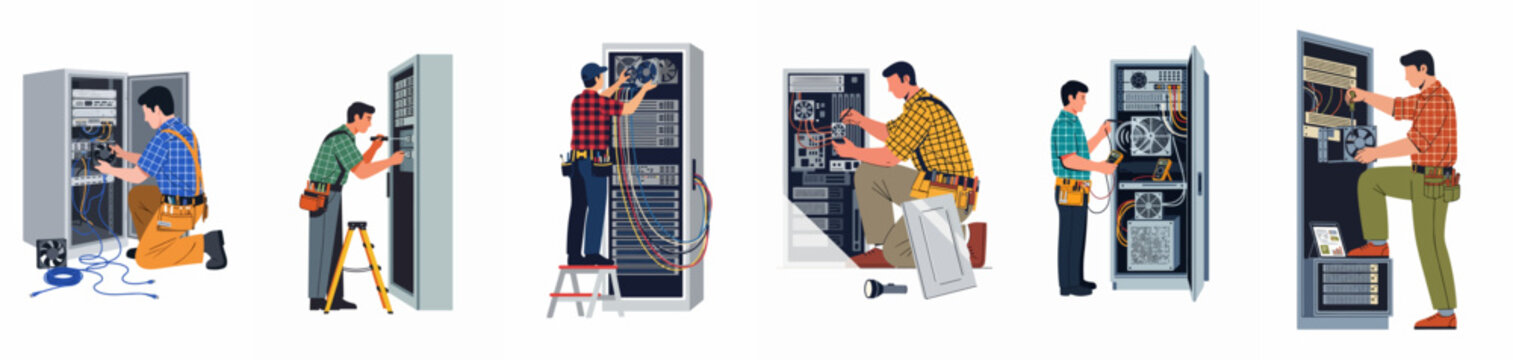 Set of illustrations showing professional technicians installing, maintaining, and repairing server racks and computer hardware in data centers.