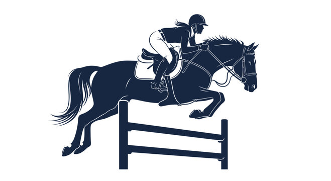 Equestrian jumping horse silhouette, horse rider jumping over obstacle, sport illustration
