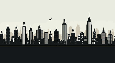 Naklejka premium Minimalist cityscape silhouette with a bird in flight against a muted sky