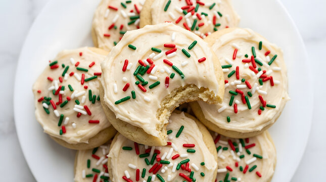 Pile of soft Christmas sugar cookies with cream cheese frosting and red and green sprinkles, one showing a bite taken out.