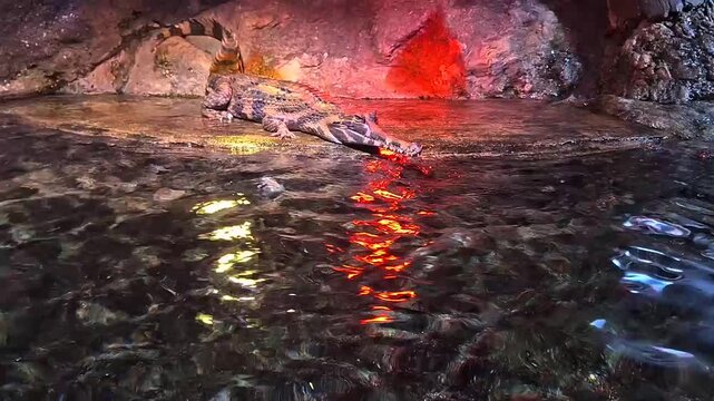 Crocodile likely a Caiman or similar species resting on a rocky ledge inside a cave-like enclosure