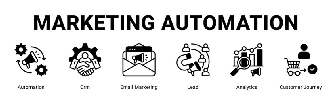 Marketing Automation web banner icon concept,  with Automation, Crm, Email Marketing, Lead, Analytics, Customer Journey.