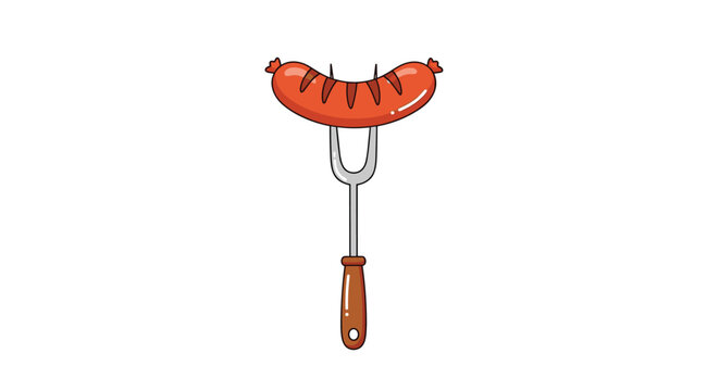 Illustration of a single grilled brown sausage with char marks impaled on a metal serving fork with a wooden handle.