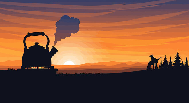 Silhouette kettle steams with a wolf-like creature howling at sunset