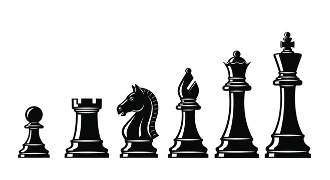 Set of classic black chess pieces including pawn, rook, knight, bishop, queen, and king arranged in a row from smallest to tallest size.