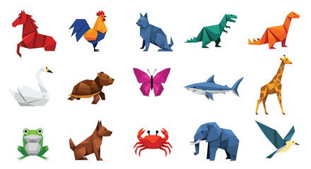 Fototapeta premium Set of colorful geometric origami animal figures including a horse, rooster, dinosaur, swan, turtle, butterfly, shark, giraffe, frog, and dog.
