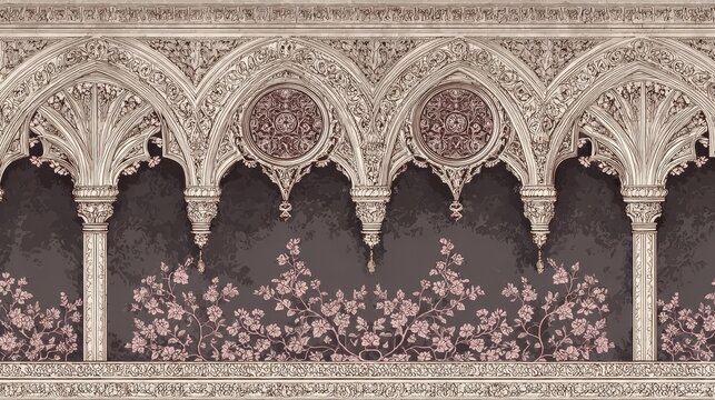 Elegant historic European architectural textile pattern with arched and scalloped motifs, subtle floral details, refined linework, dusty pink and blush tones, symmetrical tablecloth design