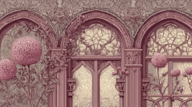 Elegant historic European architectural textile pattern with arched and scalloped motifs, subtle floral details, refined linework, dusty pink and blush tones, symmetrical tablecloth design