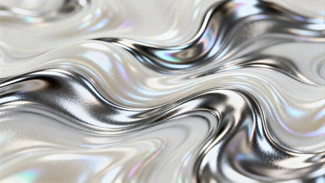 Abstract Marbled Liquid Metal Waves with Molten Silver and Pearl White Swirling Texture
