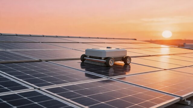 Rooftop Solar Panel Cleaning Robot At Sunrise
