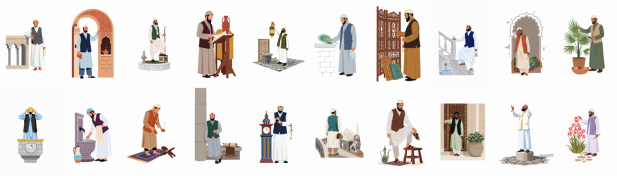 Illustrations of Muslim men in traditional clothing performing various religious activities, daily routines, and spiritual practices in diverse settings.