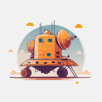Cartoon illustration of a futuristic orange rover with satellite dishes