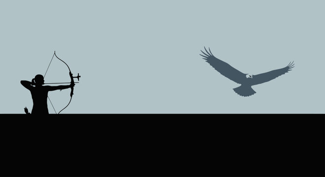 Silhouette of an archer drawing a bow, with a bird of prey in flight