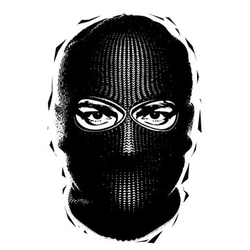 Mysterious Face Wearing Ski Mask with Intense Eyes, Black and White Graphic