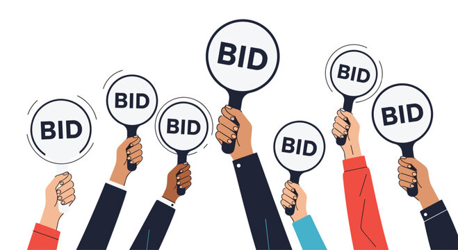 Multiple hands of business people raising circular bid signs during a public auction or professional bidding event for investment.