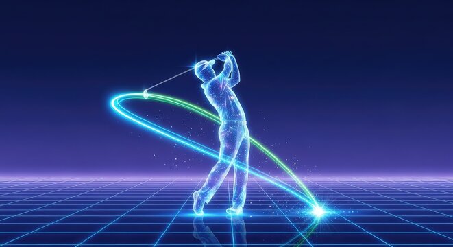 Luminous holographic silhouette performing a golf swing against a minimalist digital grid with neon light trails and a vibrant blue glow, silhouette, abstract, motion